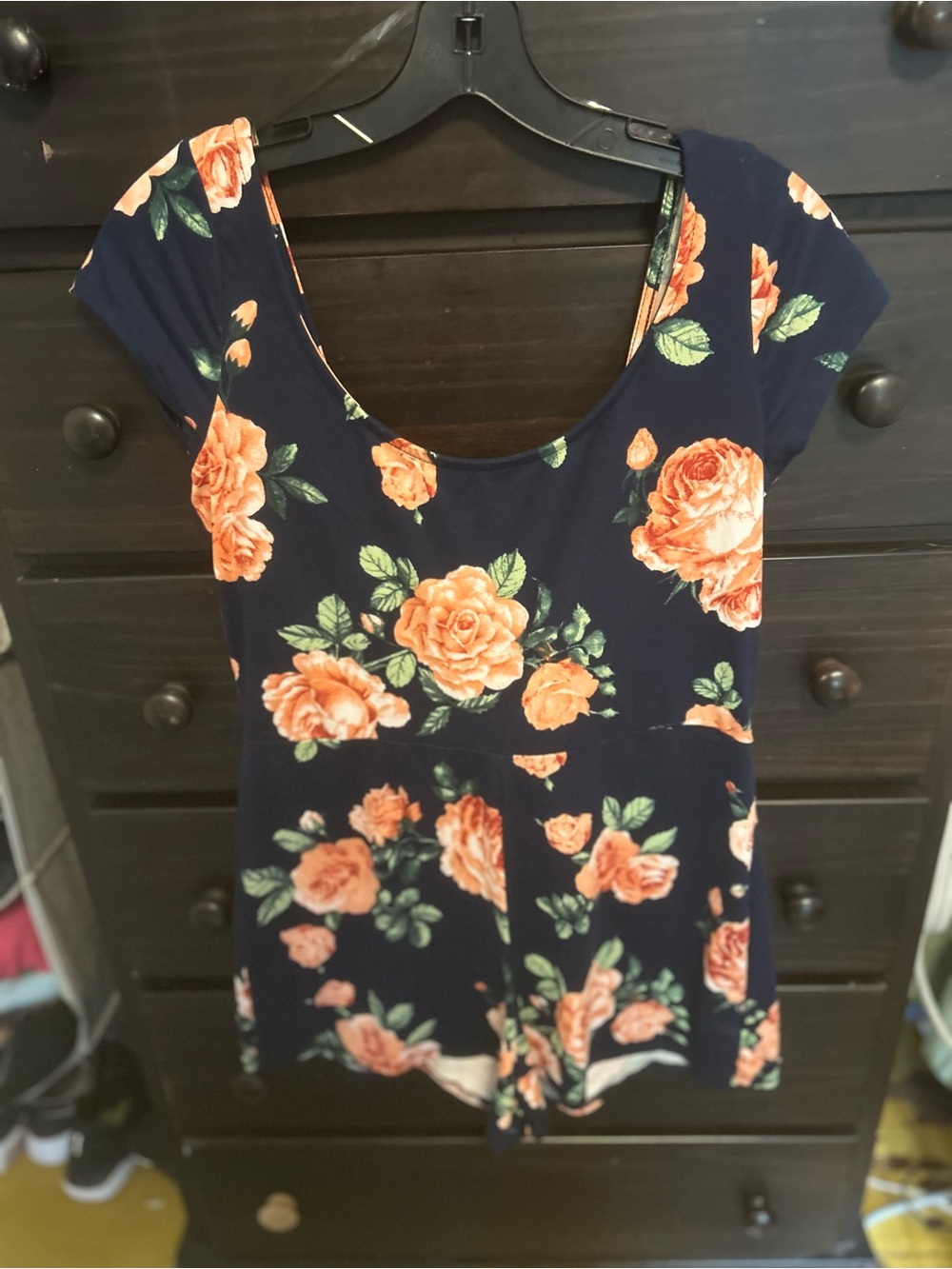 Heart & Hips Navy Floral Scoop-Neck Romper with Orange Roses